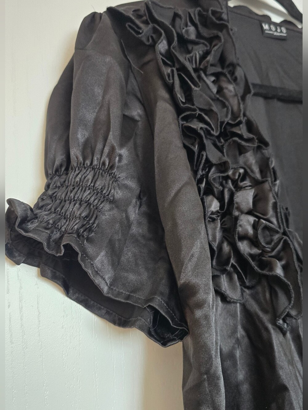 Mojo USA - Black Satin Evening Ruffle Short-Sleeve Wrap Top - Picture 4 of 4